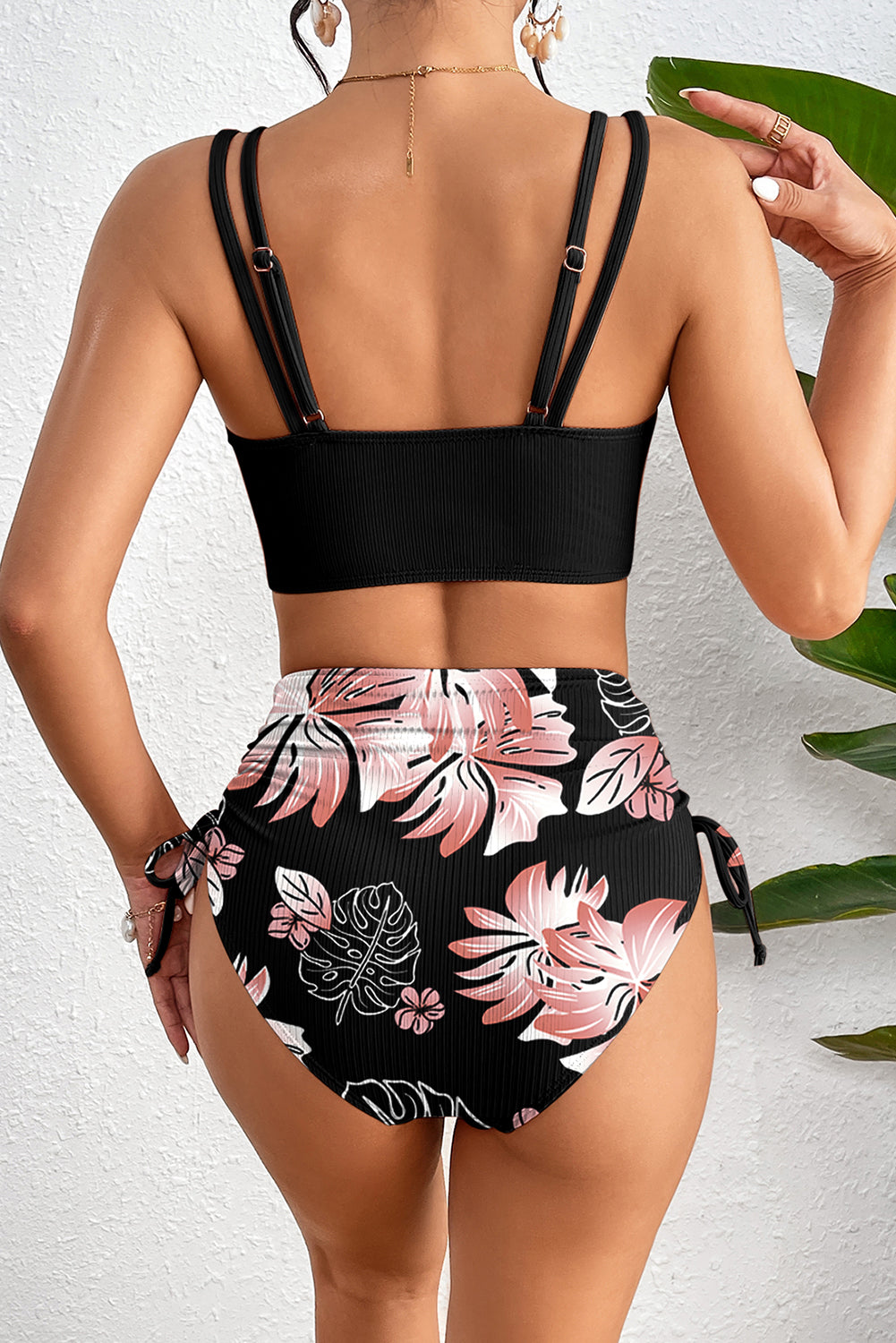 Black Ribbed Knit High Waist 2pcs Bikini Swimsuit