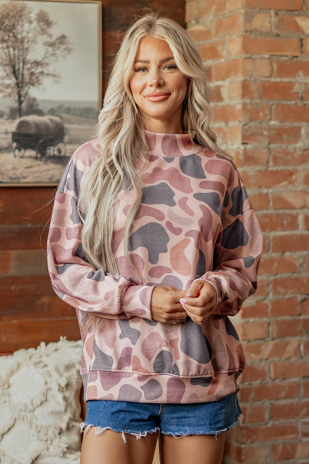 Sky Blue Camouflage Western Style Pullover Sweatshirt