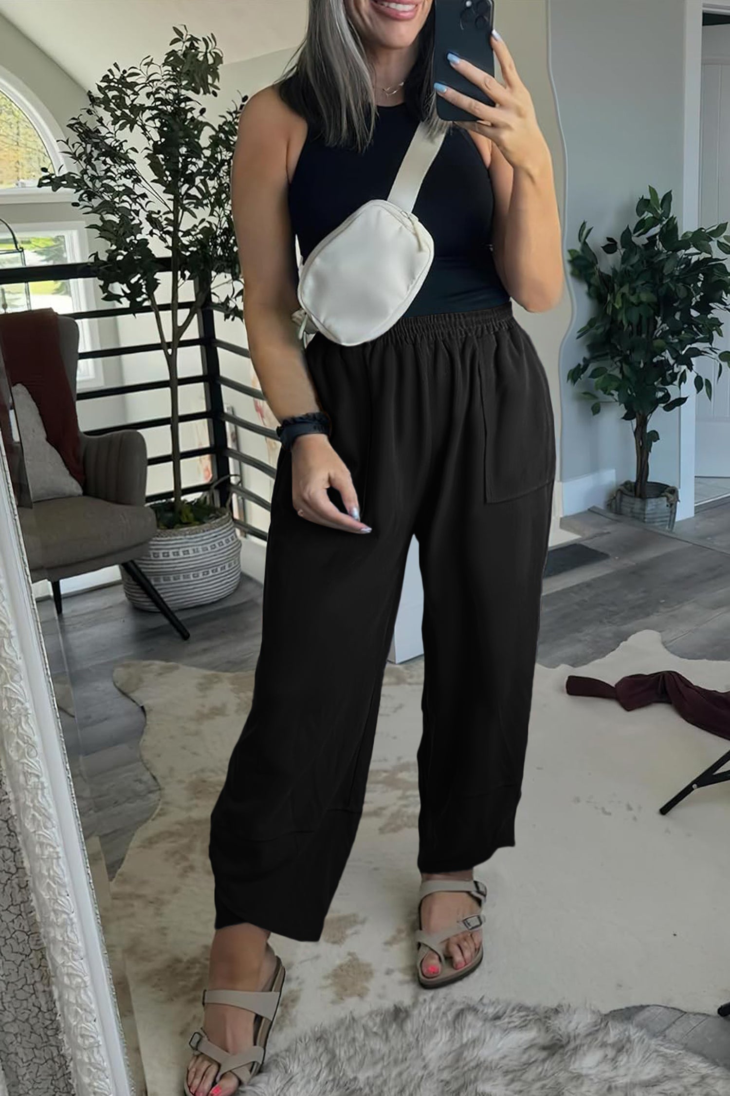 Black Plus Size Elastic Waist Asymmetrical Hem Loose Capris Pants
