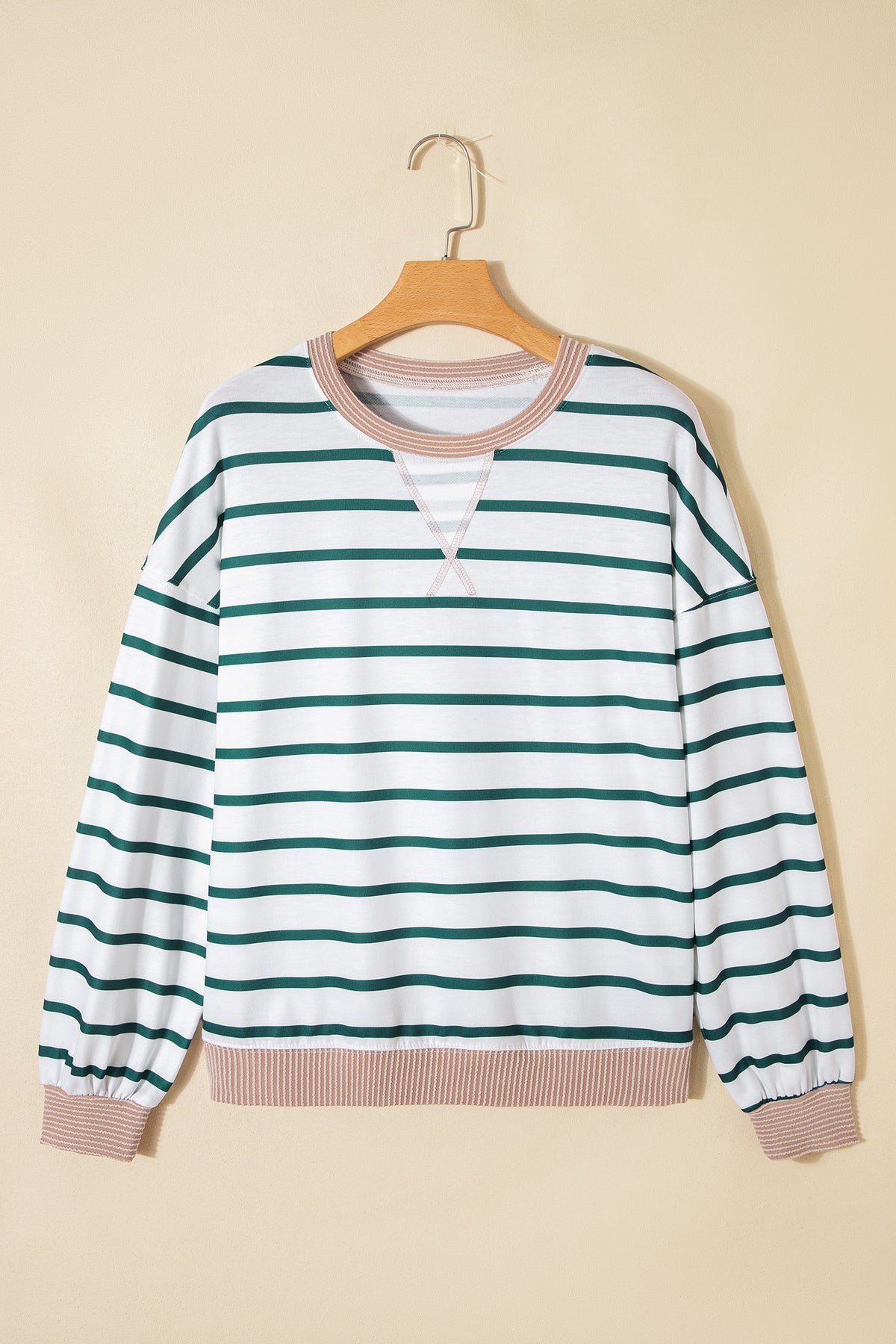 White Stripe Twisted Ribbed Patchwork Drop Shoulder Round Neck Sweatshirt
