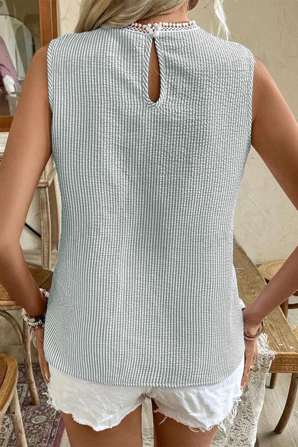 Green Stripe Lace Patchwork Crew Neck Tank Top