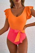 Vitality Orange Color Block Ruffled Knotted Backless One Piece Swimsuit