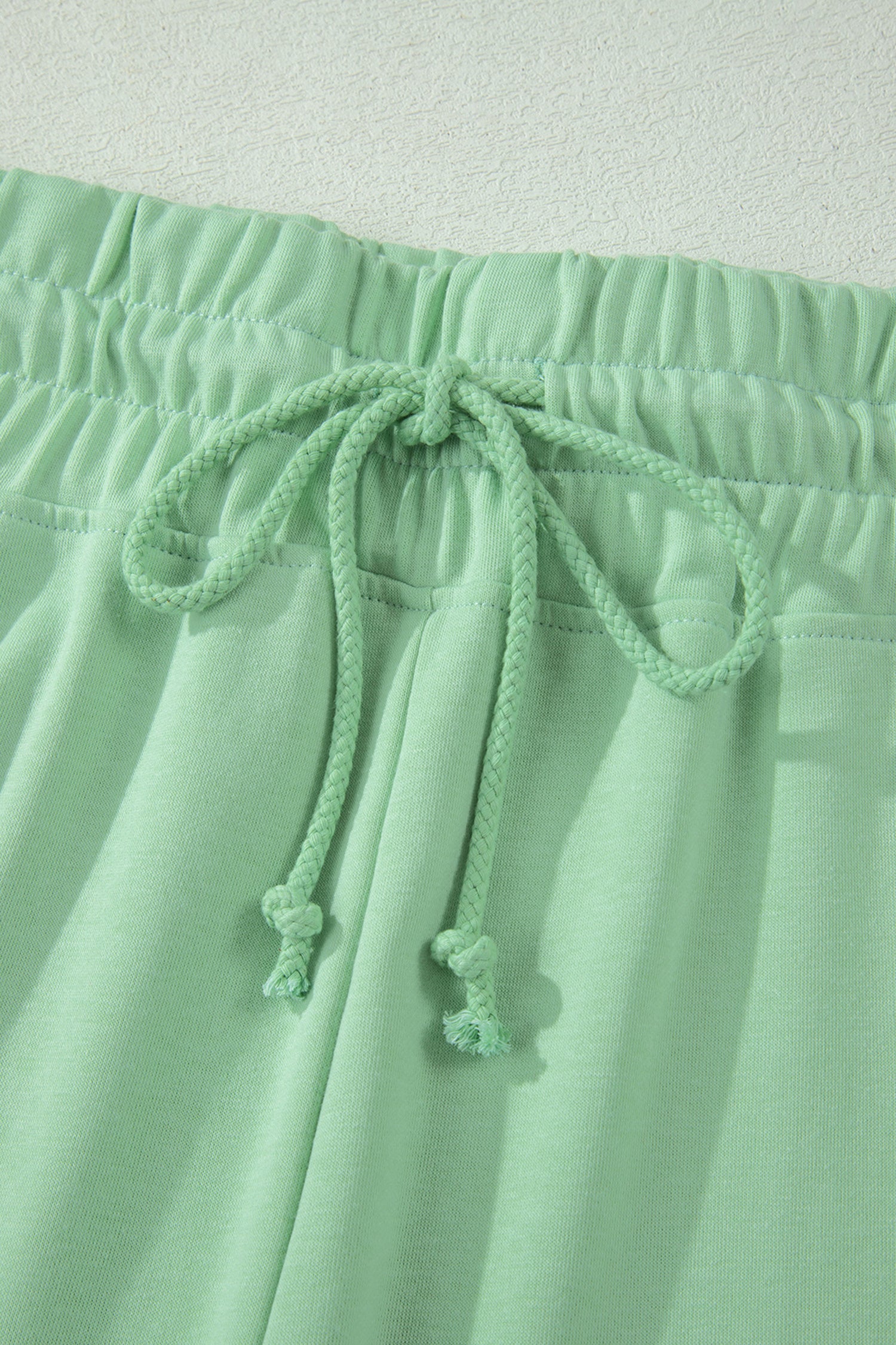 Clearly Aqua Solid Color Ribbed Trim Short Sleeve Top Drawstring Loose Pants 2pcs Outfit