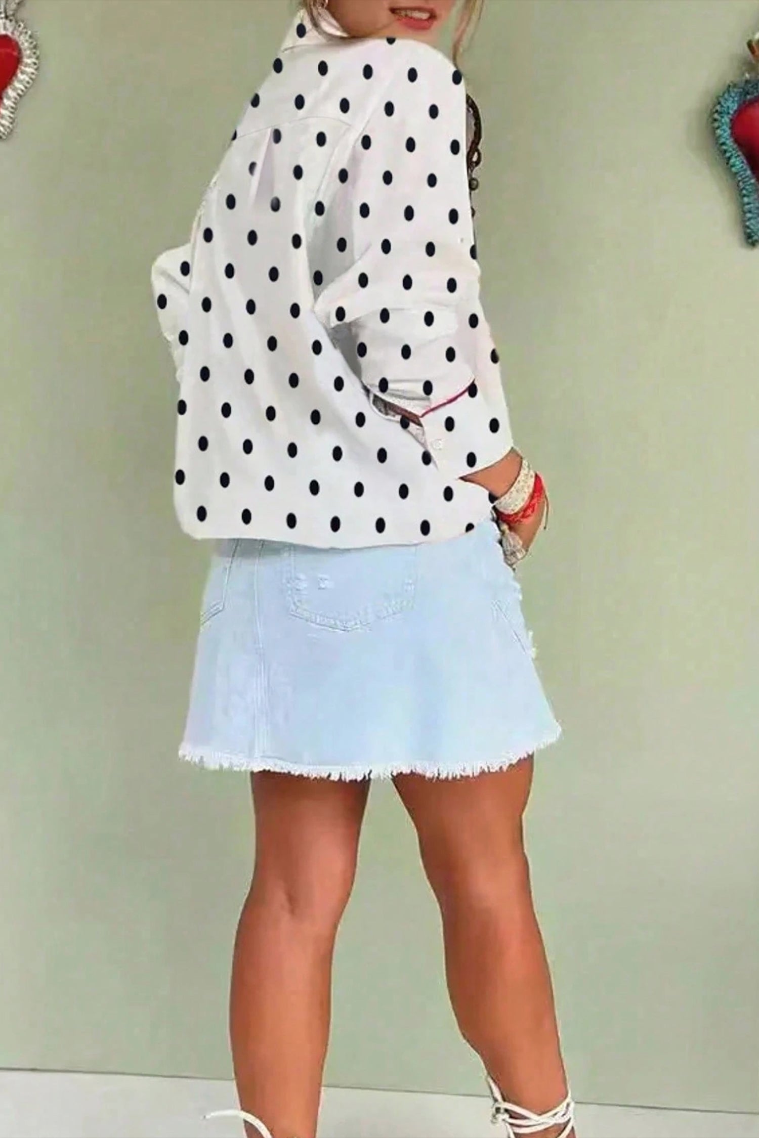 White Polka Dot Print Contrast Piping Elegant Shirt