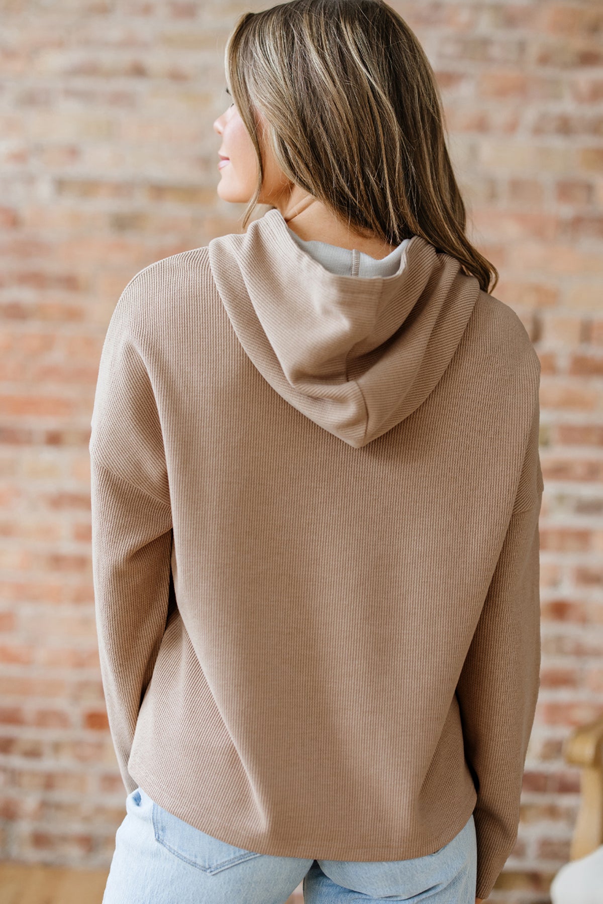 Rose Tan Thermal Textured Lace Drawstring Baggy Hoodie