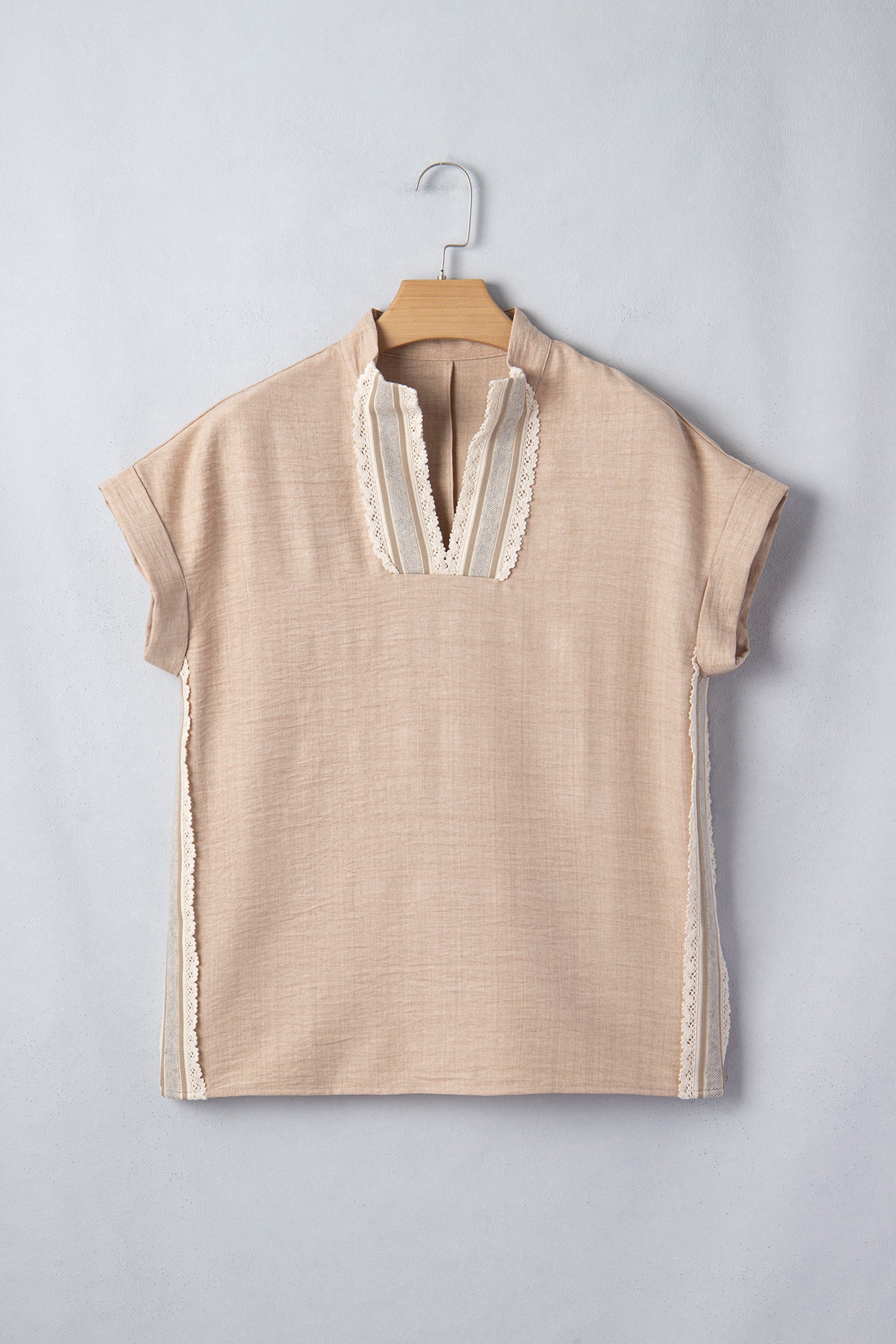 Parchment Crochet Lace Accent Pullover Rolled Short Sleeve Blouse