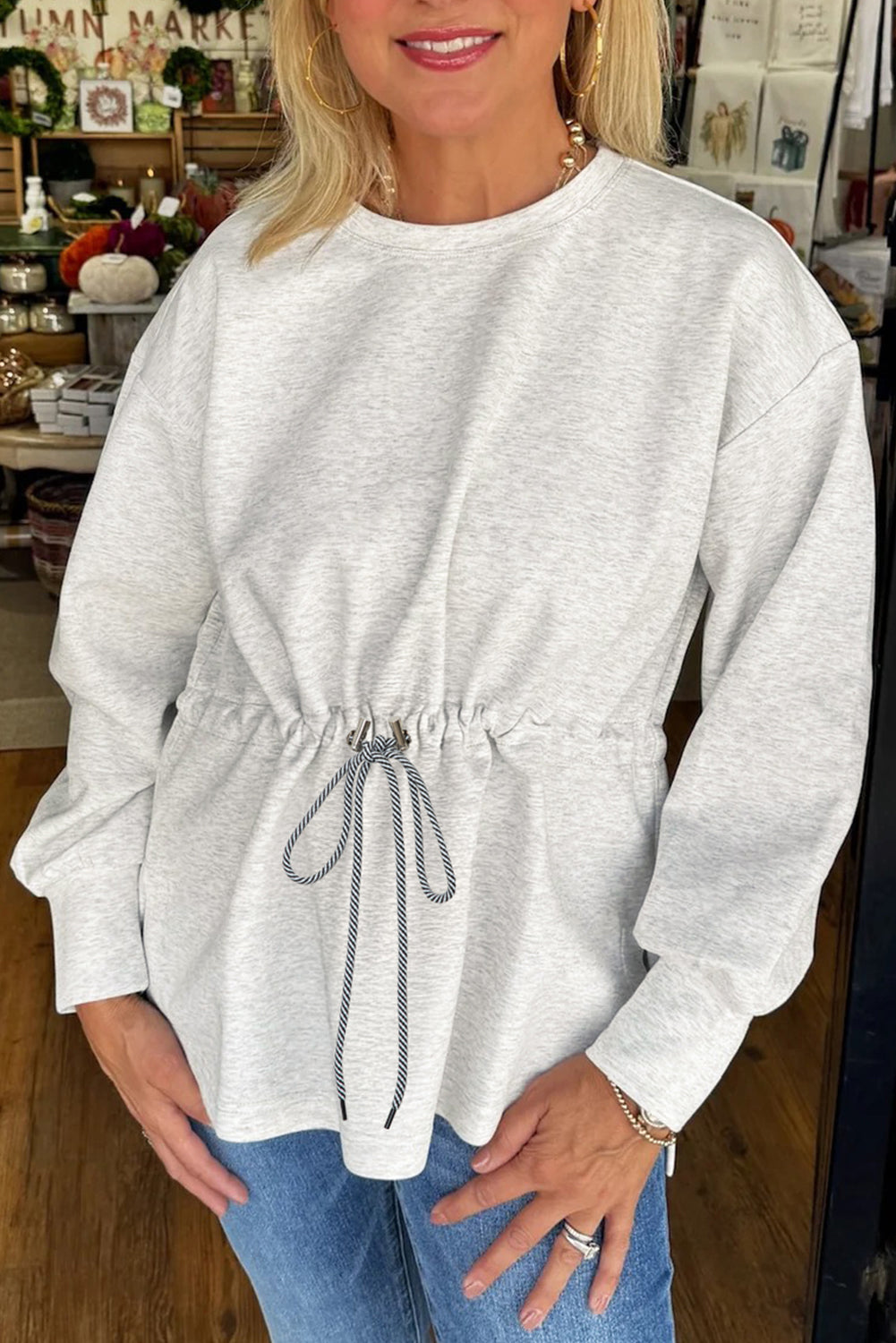 Light Grey Drawstring Waist Tunic Solid Sweatshirt