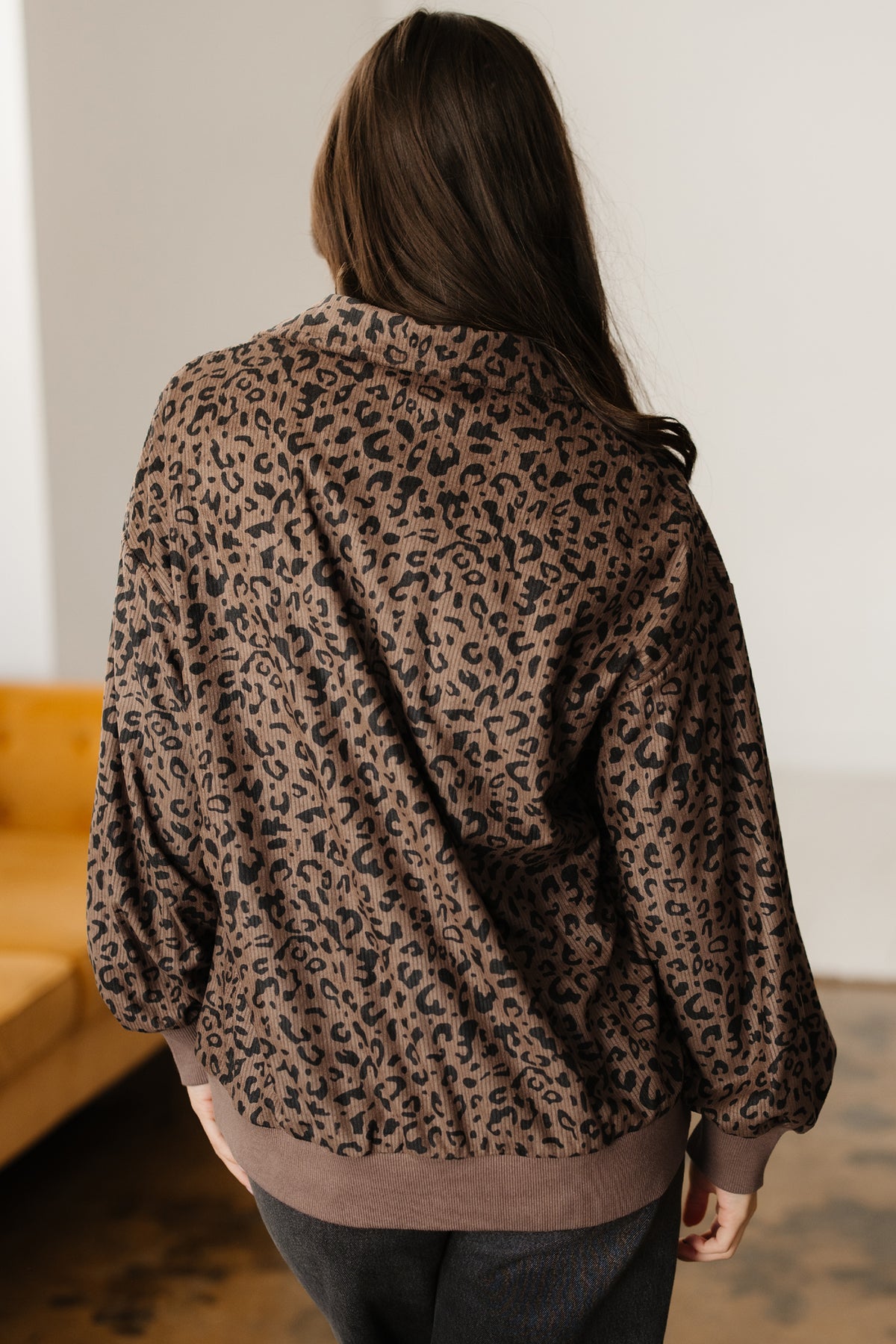 Brown Leopard Print Quarter Zip Corduroy Sweatshirt