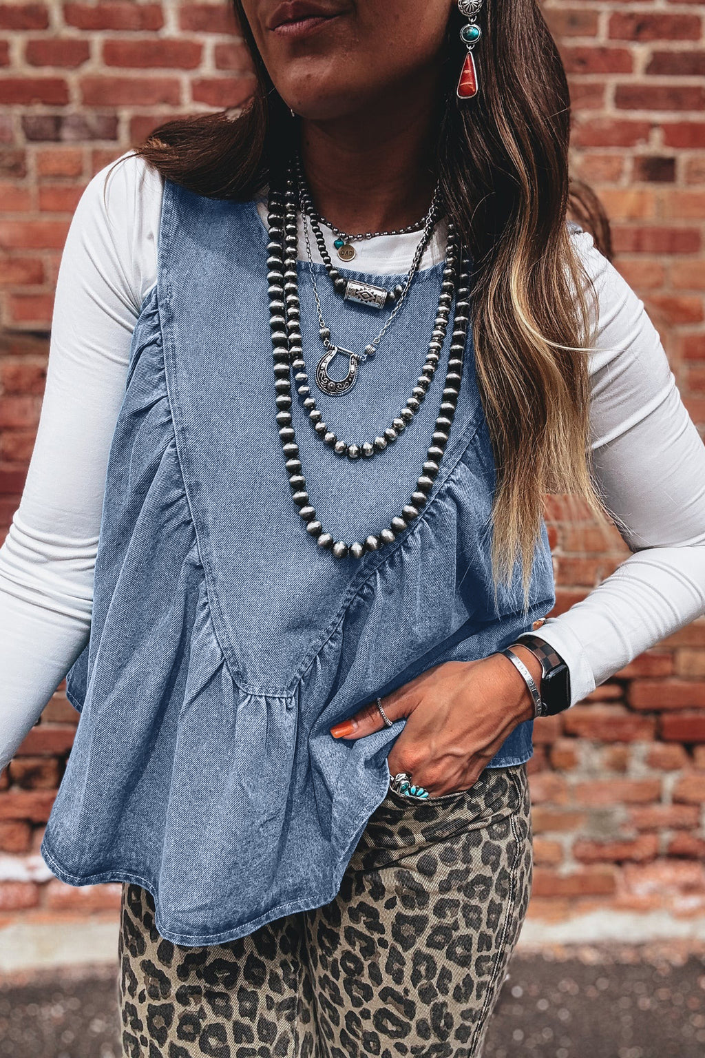 Myosotis Denim Pleated Patchwork Sleeveless Top
