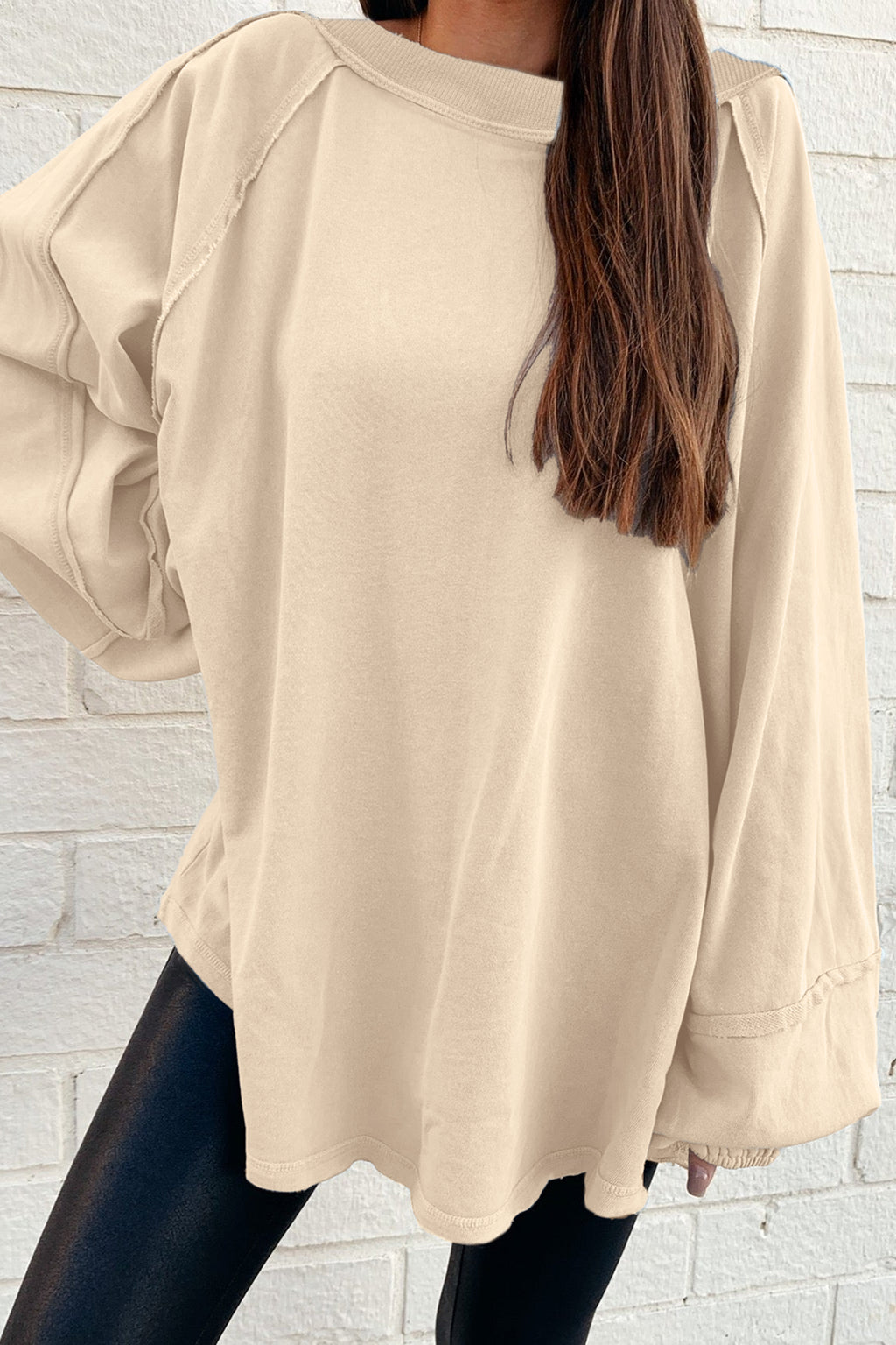 Beige Solid Color Raw Seam Patchwork Baggy Sweatshirt