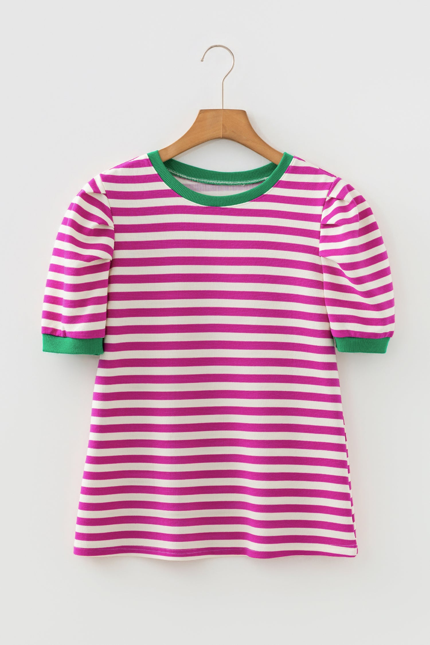 Rose Stripe Short Puff Sleeve Contrast Trim Round Neck Tee