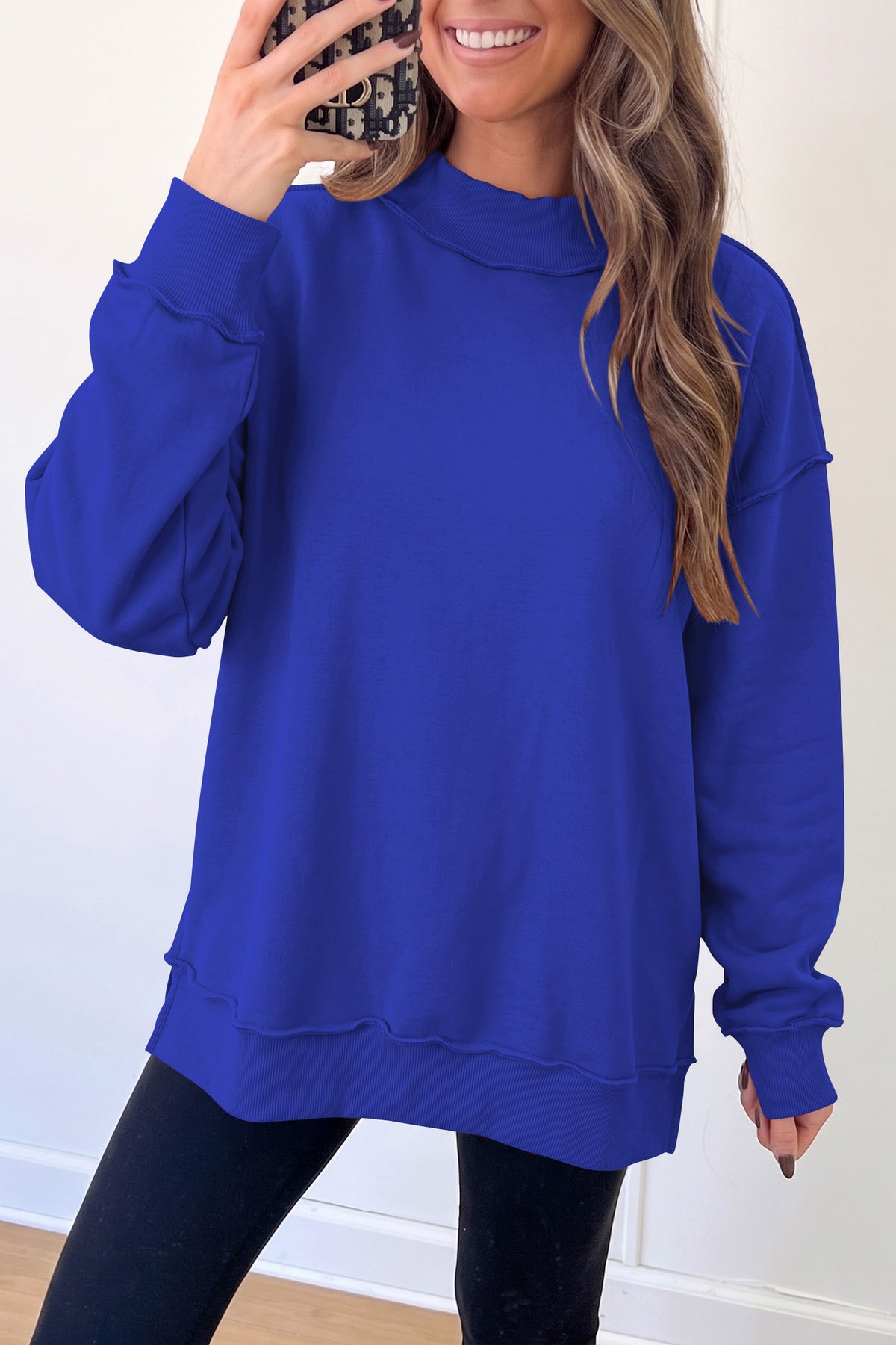 Red Dahlia Oversize Drop Shoulder Reversible Mock Neck Sweatshirt