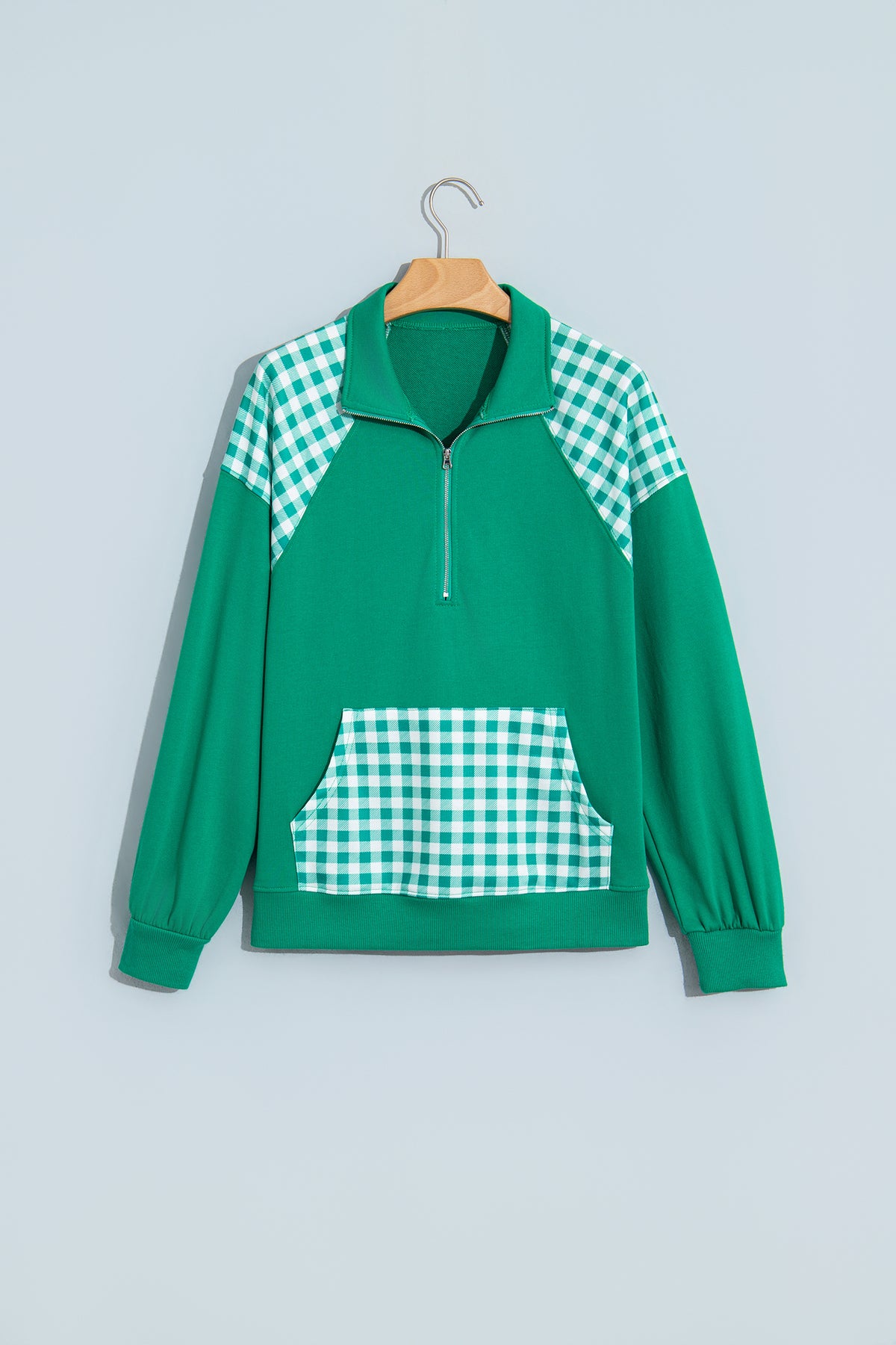 Coffee Patchwork Plaid Pocket Quarter Zip Sweatshirt