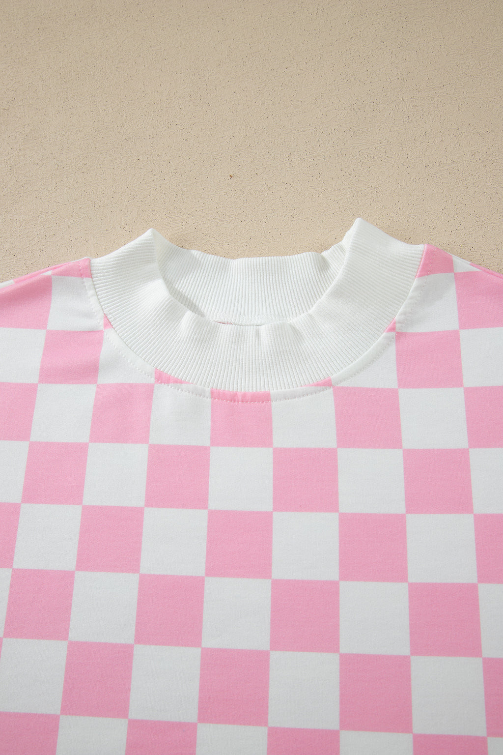 Pink Checkered Print Color Block Trim Mock Neck Short Set