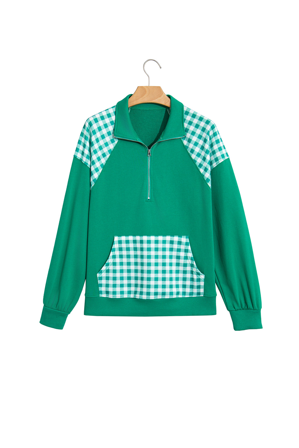 Coffee Patchwork Plaid Pocket Quarter Zip Sweatshirt