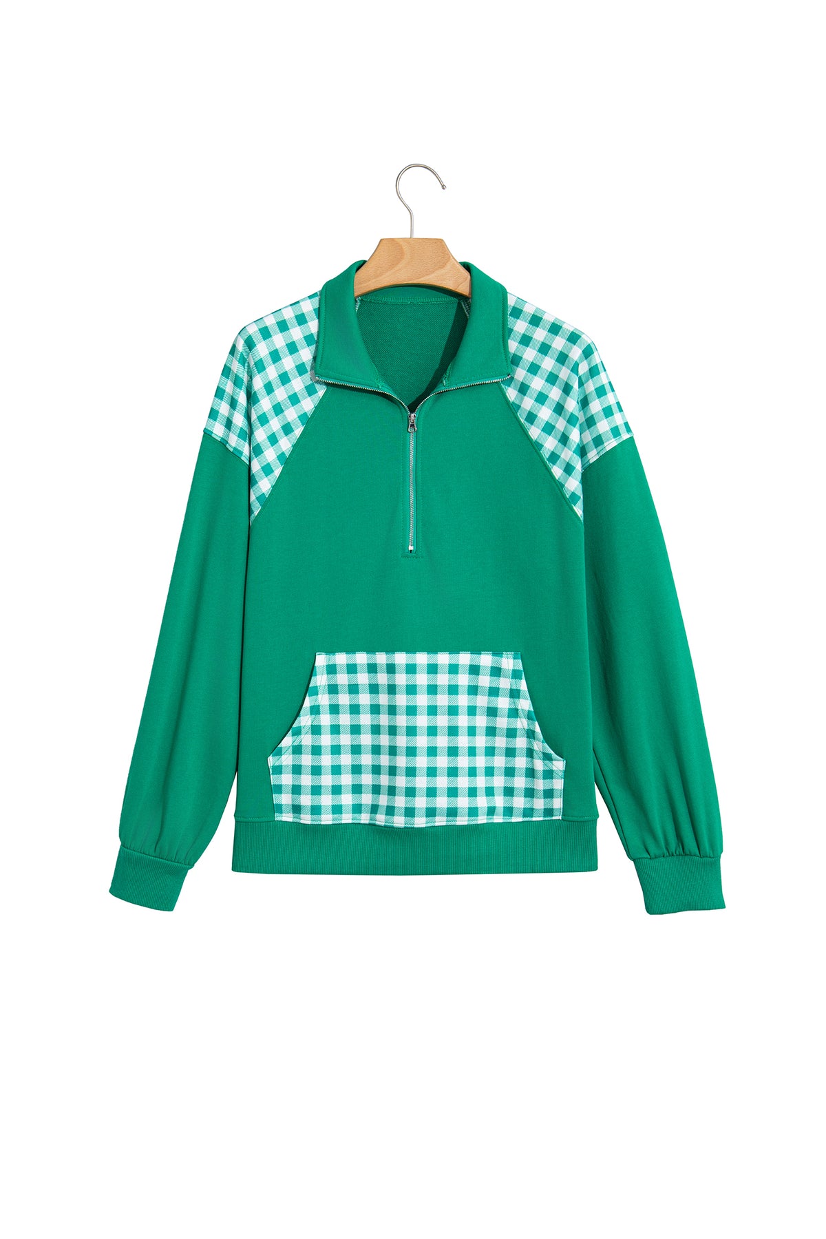 Coffee Patchwork Plaid Pocket Quarter Zip Sweatshirt