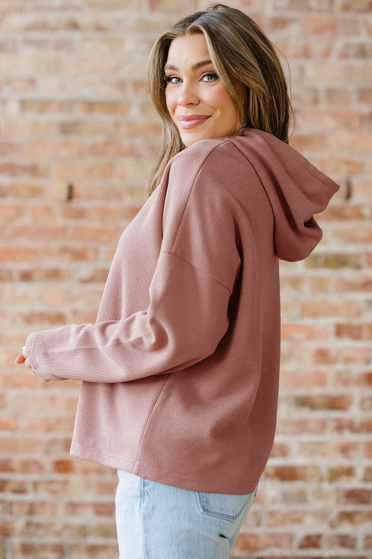 Rose Tan Thermal Textured Lace Drawstring Baggy Hoodie