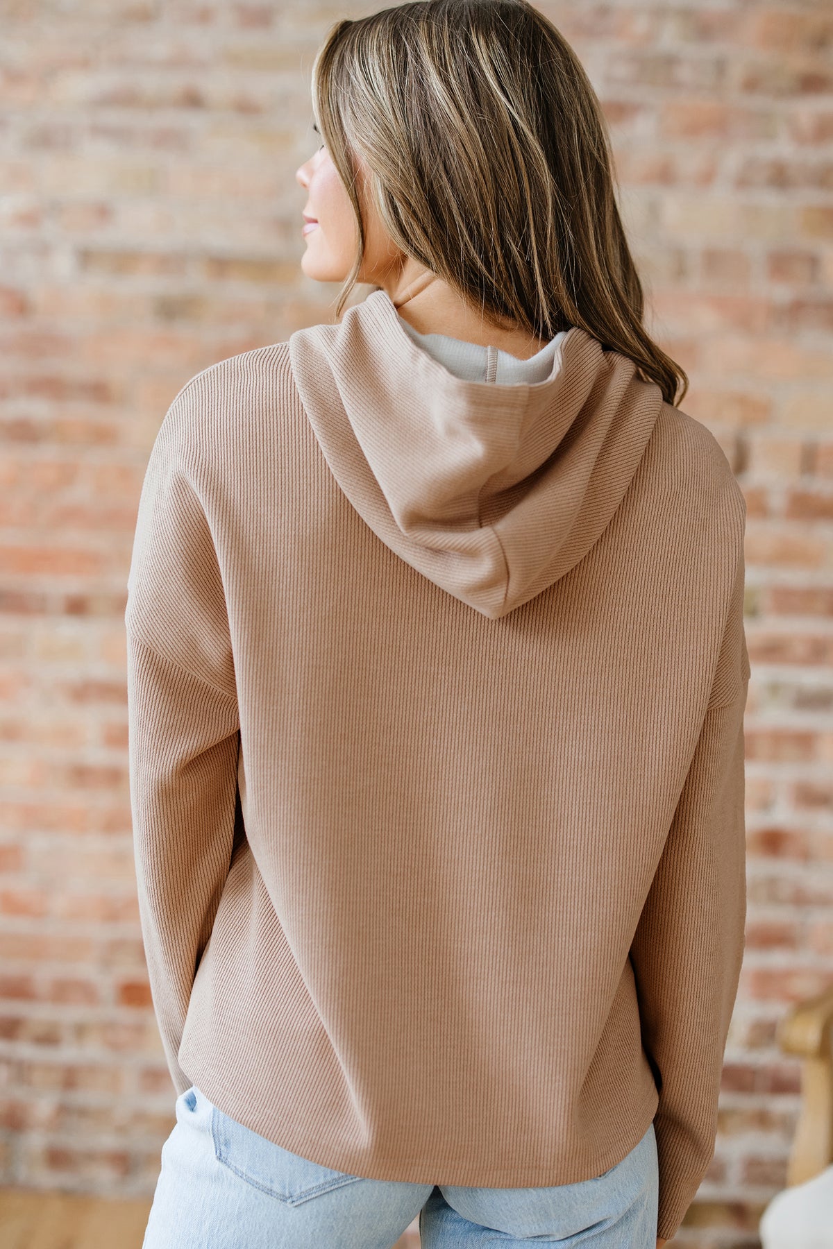 Rose Tan Thermal Textured Lace Drawstring Baggy Hoodie