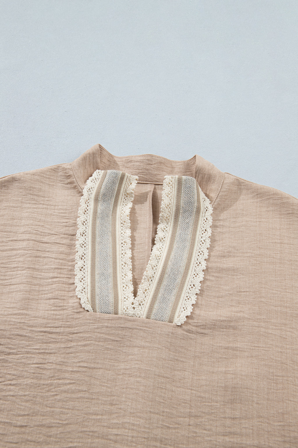 Parchment Crochet Lace Accent Pullover Rolled Short Sleeve Blouse
