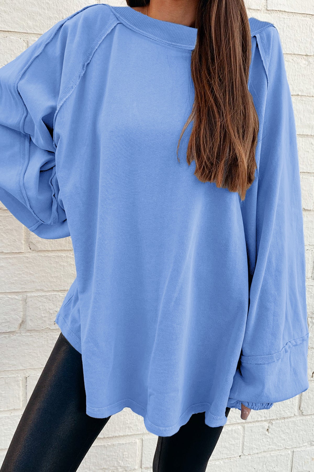 Beige Solid Color Raw Seam Patchwork Baggy Sweatshirt