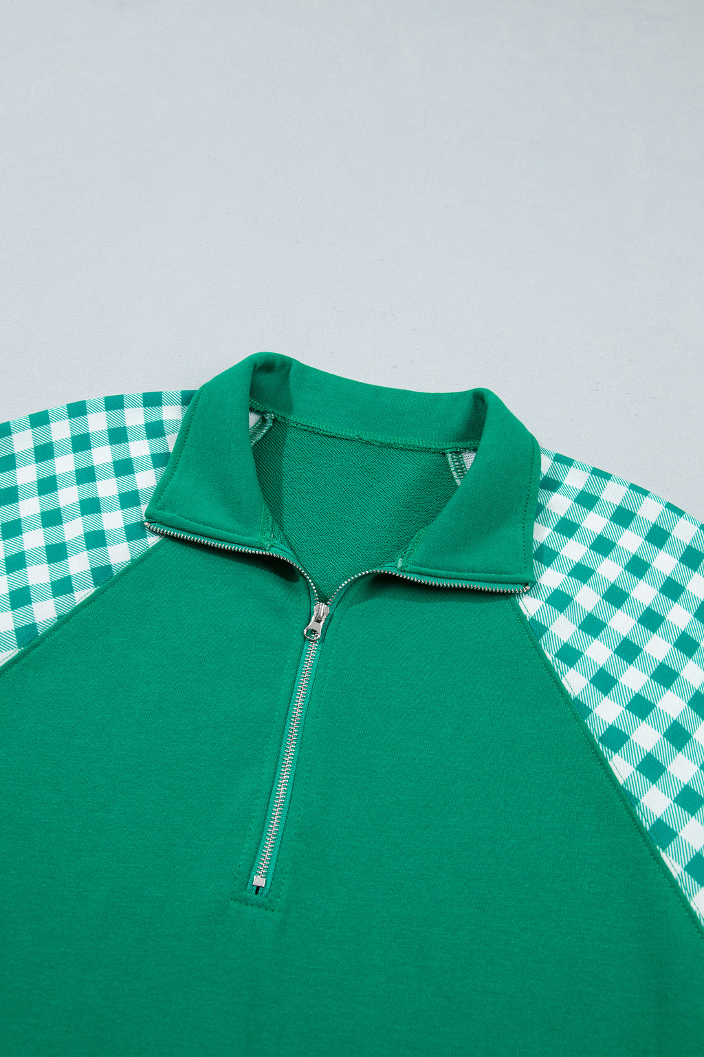 Coffee Patchwork Plaid Pocket Quarter Zip Sweatshirt