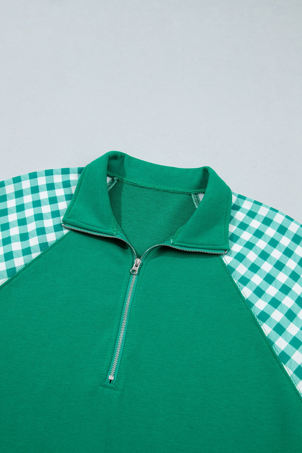 Coffee Patchwork Plaid Pocket Quarter Zip Sweatshirt