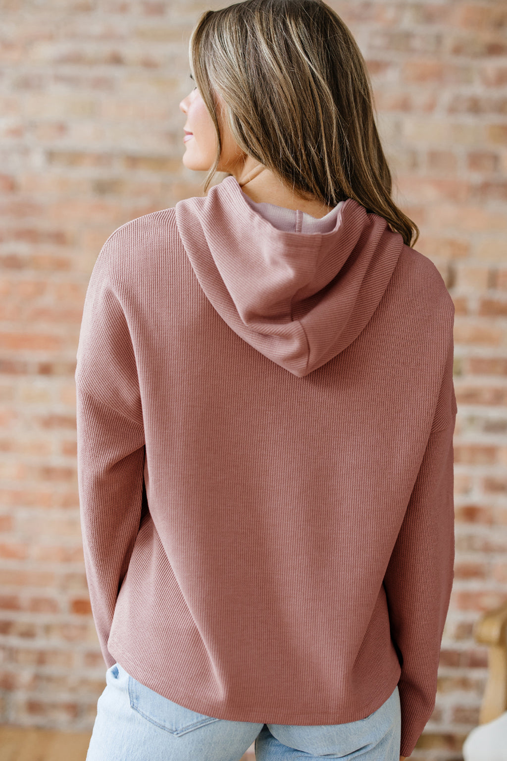 Rose Tan Thermal Textured Lace Drawstring Baggy Hoodie