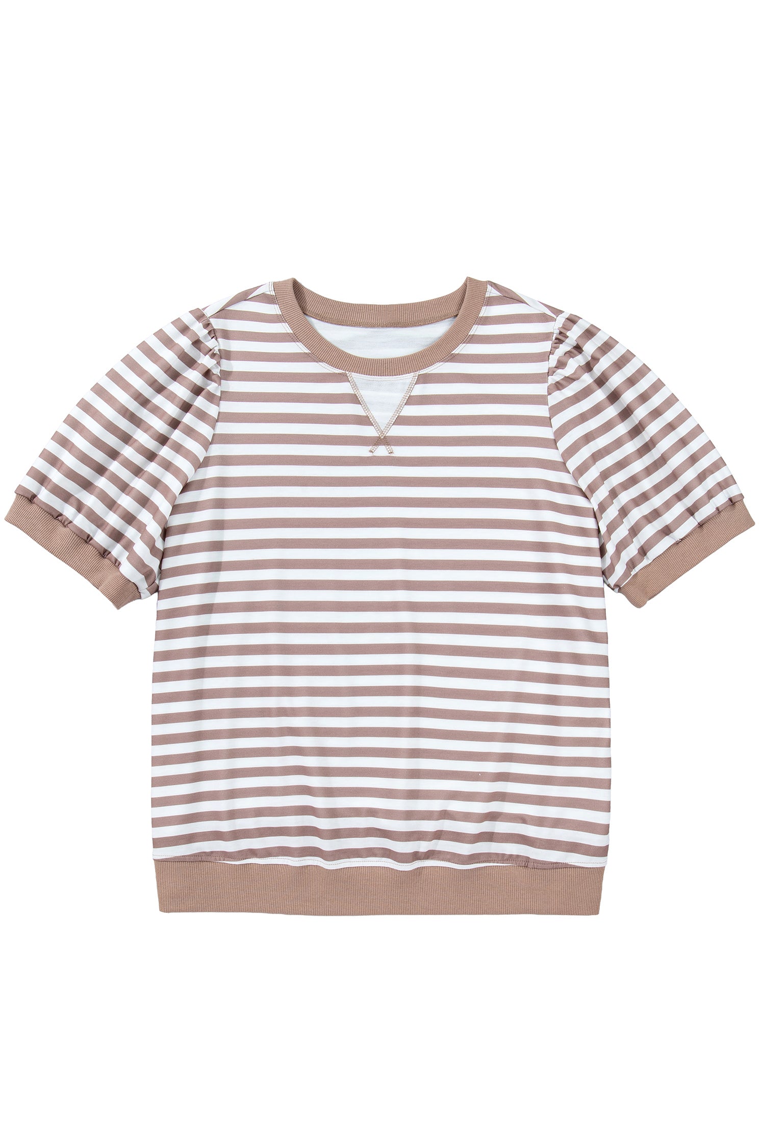Orange Stripe Ribbed Trim Round Neck Short Puff Sleeve Plus T Shirt