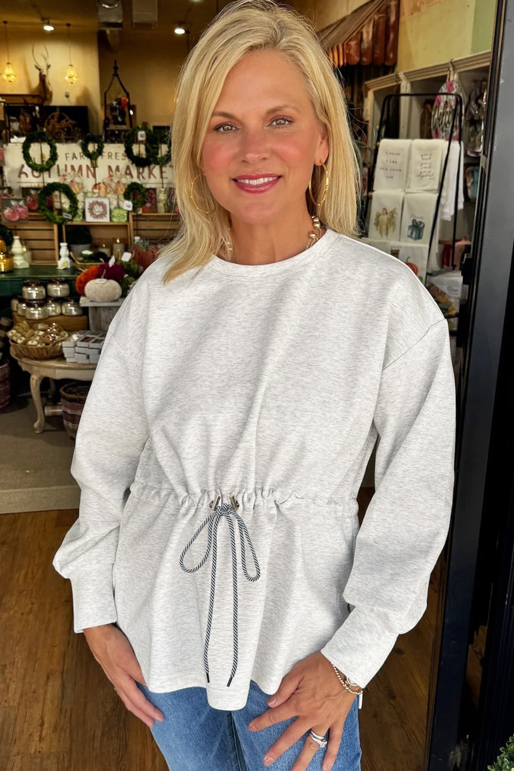 Light Grey Drawstring Waist Tunic Solid Sweatshirt