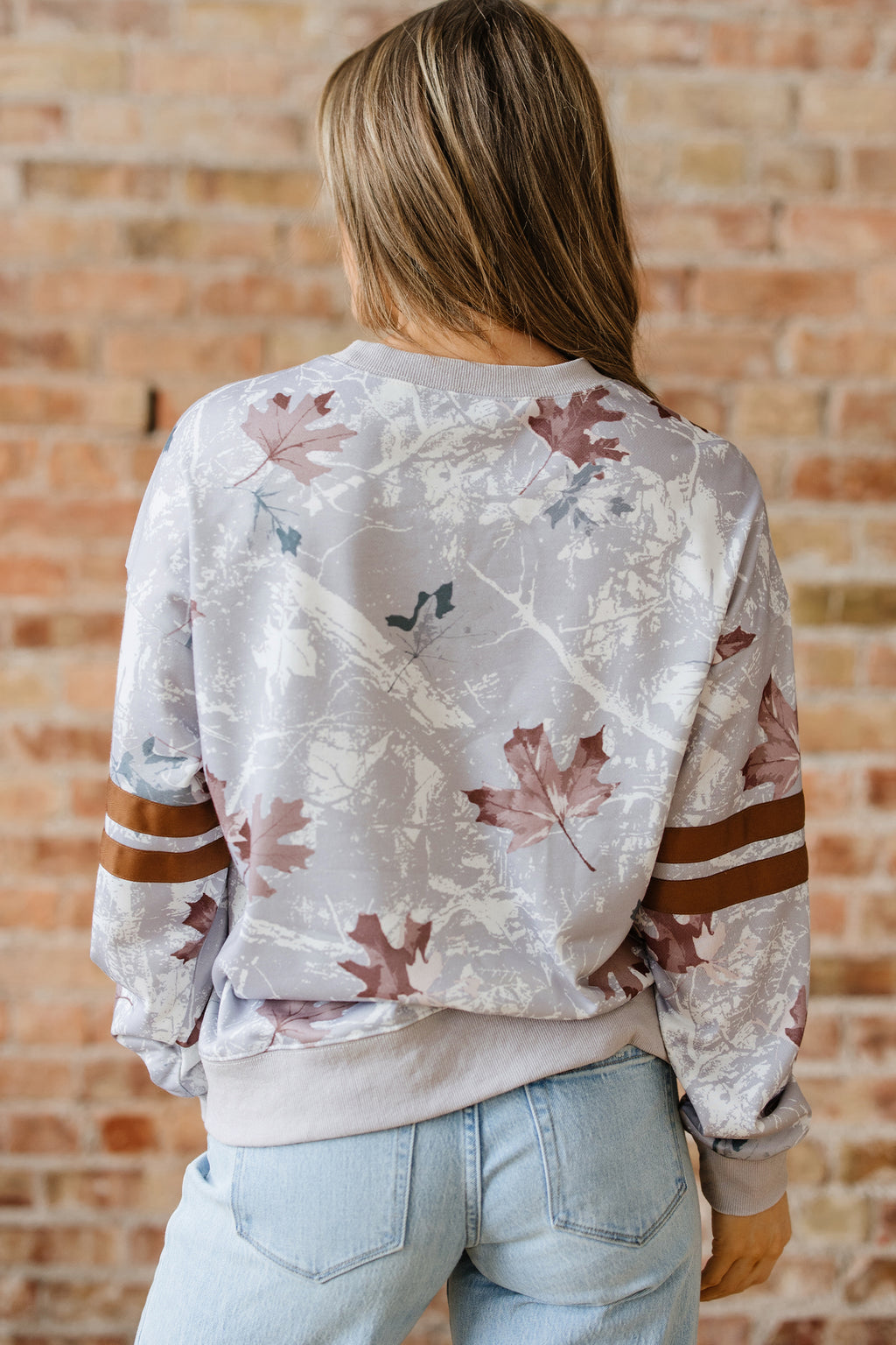 Gray Maple Leaf Camo Print Varsity Striped Sleeve Casual Sweatshirt